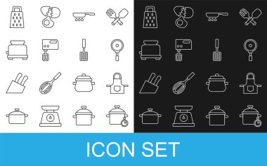 Set line Cooking pot Kitchen apron Frying pan Electric mixer Toaster Grater and Barbecue spatula icon. Vector.