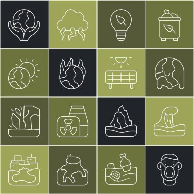 Set line Face in protective mask Tsunami Global warming Light bulb with leaf fire Hand holding Earth globe and Solar energy panel icon. Vector.
