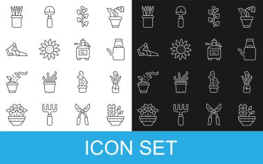 Set line Plant in pot Flower glass bottle Watering can Ivy branch Broken and Garden sprayer for fertilizer icon. Vector.