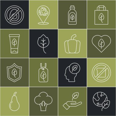 Set line Earth globe and leaf Gluten free grain Vegan food diet Essential oil bottle Leaf or leaves Organic cosmetic No meat and Bell pepper icon. Vector.