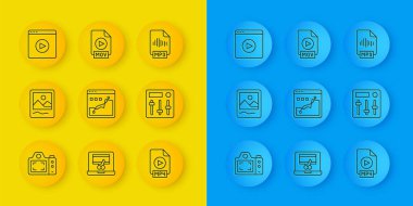 Set line Photo camera frame Histogram graph photography MP4 file document Sound mixer controller Online play video MP3 and MOV icon. Vector.
