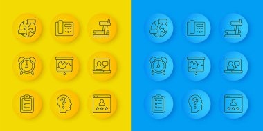 Set line To do list or planning Alarm clock Chalkboard with chart Customer product rating Online education Worldwide Treadmill machine and Telephone 24 hours support icon. Vector.