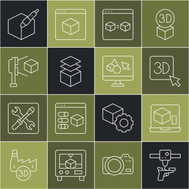 Set line 3D printer gun perfect copy Layers scanner with cube 3d pen tool and software icon. Vector.