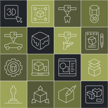 Set line 3D printer Layers Sketch on paper tooth Isometric cube car and gun icon. Vector.