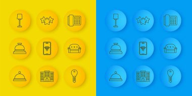 Set line Covered with tray of food Hotel service bell Mobile wi-fi wireless door lock key Sofa Table lamp Telephone handset and Stars rating icon. Vector.