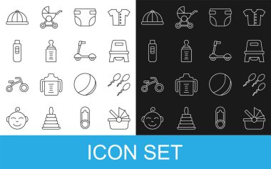 Set line Baby stroller Sperm potty diaper bottle Pregnancy test hat and Roller scooter icon. Vector.