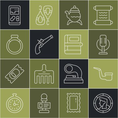 Set line Ancient coin Smoking pipe Microphone Classic teapot Vintage pistol Gold ring Portable video game console and Book icon. Vector.