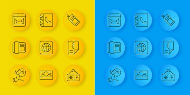 Set line Telephone 24 hours support handset Worldwide Signboard with text Help Information Mail e-mail Mobile and Phone book icon. Vector.