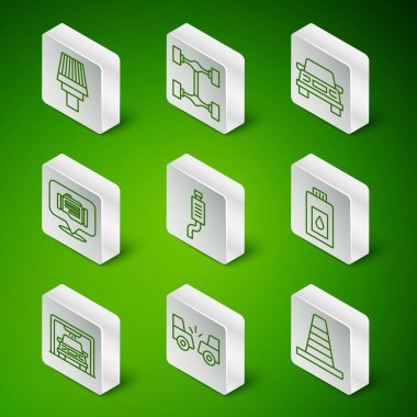 Set line Traffic cone Car accident air filter muffler Check engine Chassis car wash and Canister for motor machine oil icon. Vector.