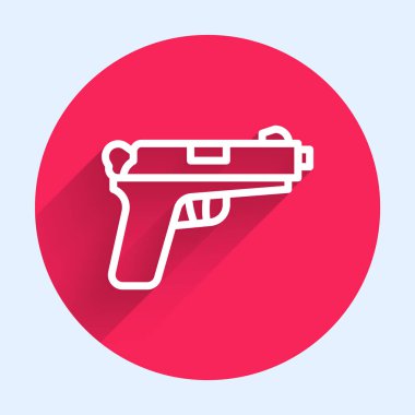 Beyaz çizgi tabanca ya da uzun gölgeli silah ikonu. Polis ya da askeri silah. Küçük ateşli silah. Kırmızı daire düğmesi. Vektör.