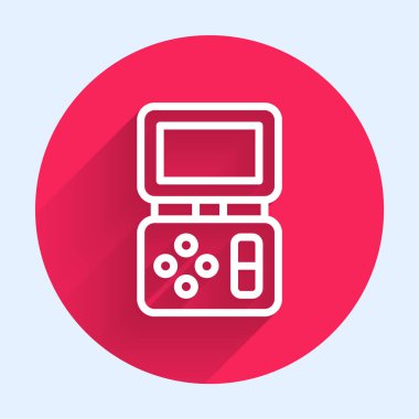 White line Portable tetris electronic game icon isolated with long shadow background. Vintage style pocket brick game. Interactive playing device. Red circle button. Vector.