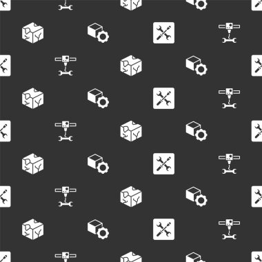 Set 3D printer setting, wrench spanner, Isometric cube and on seamless pattern. Vector.