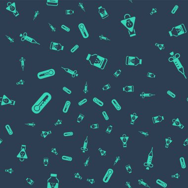 Set Poisoned pill Bottle with potion Thermometer and Syringe on seamless pattern. Vector.