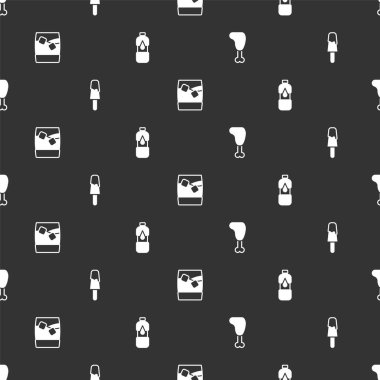 Set Chicken leg Ice cream Glass of whiskey with ice and Bottle water on seamless pattern. Vector.