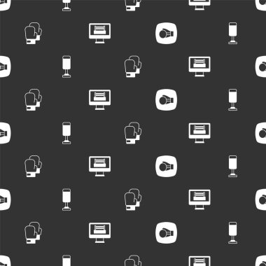 Set Boxing glove Punching bag and ring on seamless pattern. Vector.