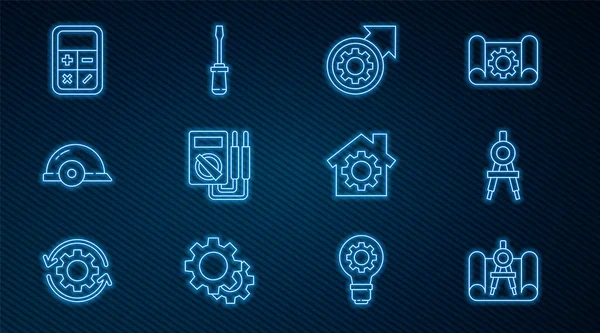 Set line Graphing paper and compass Drawing Gear arrows workflow process Multimeter Worker safety helmet Calculator House with gear and Screwdriver icon. Vector.