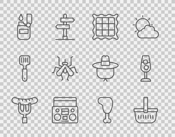 Set line Sausage on the fork Picnic basket Checkered napkin Home stereo with two speakers Lighter Mosquito Chicken leg and Wine glass icon. Vector.