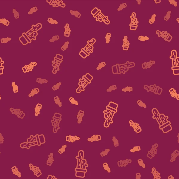 Kahverengi çizgi kaktüs kaktüs kaktüsü kırmızı arkaplanda izole edilmiş. Tencerede yetişen bir bitki. Saksı bitkisi işareti. Vektör.