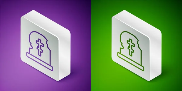 Isometric Line Grave Tombstone Icon Isolated Purple Green Background Silver — Archivo Imágenes Vectoriales