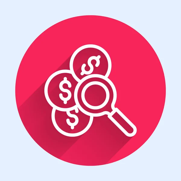 White Line Search Money Icon Isolated Long Shadow Background Red — 图库矢量图片