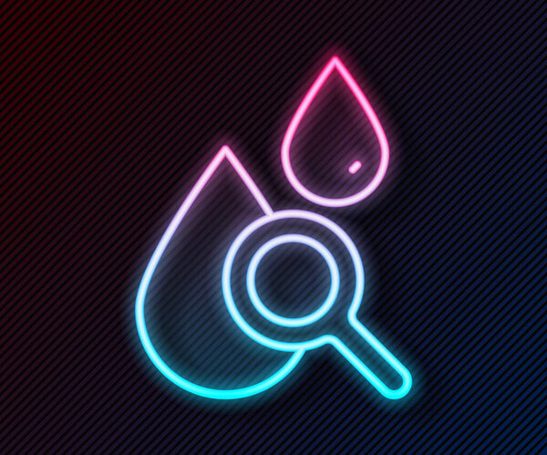 Glowing neon line Drop and magnifying glass icon isolated on black background. Vector.