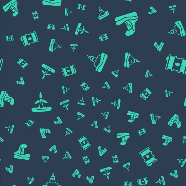 Set Floating buoy on the sea, Tsunami, Wind turbine and Barrel oil on seamless pattern. Vector.