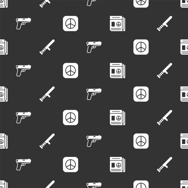 Сет Ньюс Полиция Резиновая Дубинка Пистолет Пистолет Мир Бесшовной Схеме — стоковый вектор