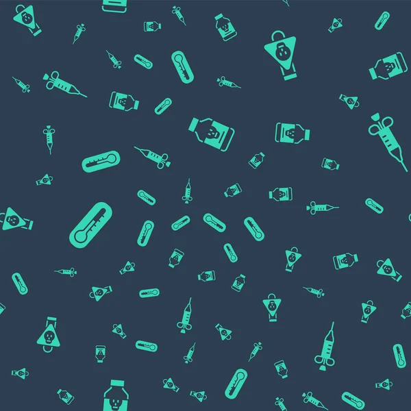 Set Poisoned pill Bottle with potion Thermometer and Syringe on seamless pattern. Vector.