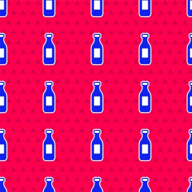 Mavi su ikonu şişesi kırmızı arkaplanda izole edilmiş pürüzsüz desen. Soda su içme tabelası. Vektör.