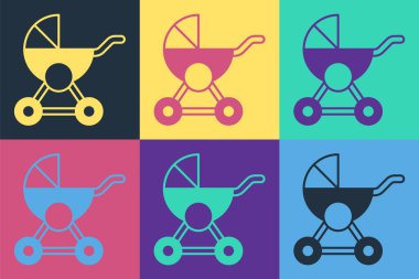 Pop Art Baby bebek arabası simgesi renk arkaplanında izole edildi. Bebek arabası, at arabası, bebek arabası, bebek arabası, tekerlek. Vektör.