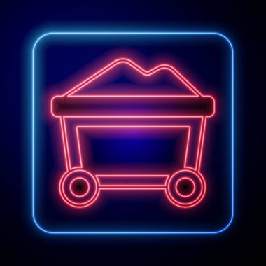 Glowing neon Mine cart with gold icon isolated on black background. Vector.