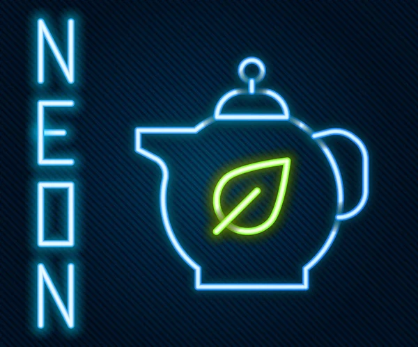 Glowing Neon Line Teapot Leaf Icon Isolated Black Background Colorful — ストックベクタ