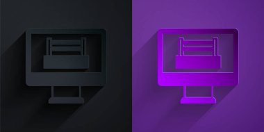 Paper cut Boxing ring show at television screen monitor icon isolated on black on purple background. Paper art style. Vector.