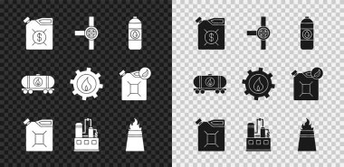 Set Canister for motor machine oil Industry pipes and valve gasoline Oil industrial factory building rig with fire railway cistern and icon. Vector.