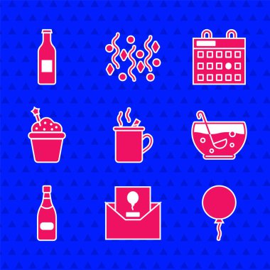 Set Mulled wine Invitation Balloon with ribbon Mixed punch bowl Champagne bottle Cake Birthday calendar and Beer icon. Vector.