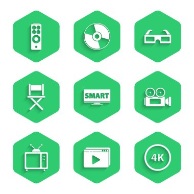 Set Screen tv with Smart video Online play 4k Ultra HD Cinema camera Retro Director movie chair 3D cinema glasses and Remote control icon. Vector.