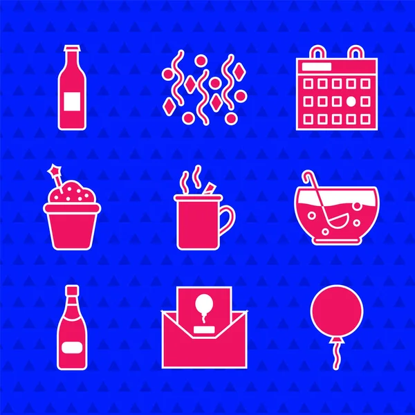 Set Mulled wine Invitation Balloon with ribbon Mixed punch bowl Champagne bottle Cake Birthday calendar and Beer icon. Vector.