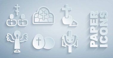 Set Easter egg Christian cross Angel Stained glass and Priest icon. Vector.