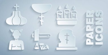 Set Crucifixion of Jesus Christ Burning candle in candlestick Krampus heck Grave with tombstone Christian cross chain and Church tower icon. Vector.