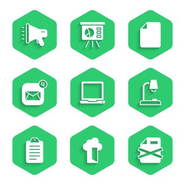 Set Laptop Cloud database Delete file document Table lamp To list or planning Envelope File and Megaphone icon. Vector.
