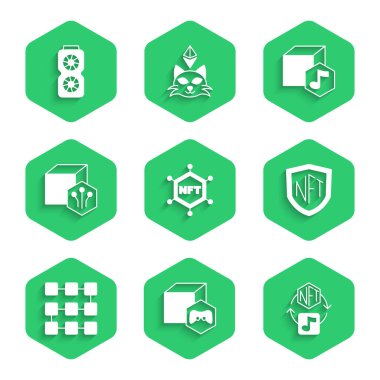 Set NFT blockchain technology Digital crypto art shield and Video graphic card icon. Vector.