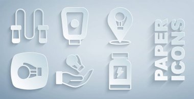 Set Boxing glove Energy drink training paws and Jump rope icon. Vector.