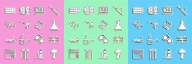 Set line Psilocybin mushroom Cocaine or heroin drug Test tube and flask Buying drugs online on laptop Heroin spoon Cannabis molecule Pills blister pack and Plastic bag of icon. Vector.