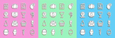 Set line Easter egg Wine glass Flower Greeting card with Happy Speech bubble easter Map pointer christian cross and Christian chalice icon. Vector.