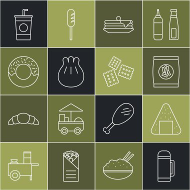 Set line Thermos container Onigiri Hard bread chucks crackers Stack of pancakes Khinkali cutting board Donut Paper glass with straw and Cracker biscuit icon. Vector.