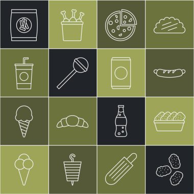 Set line Chicken nuggets in box Hotdog sandwich Pizza Lollipop Paper glass with straw Hard bread chucks crackers and Soda can icon. Vector.