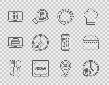 Set line Fork and spoon Round the clock delivery Food ordering Pizza cardboard box Online Clock 24 hours and Burger icon. Vector.