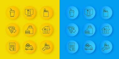 Set line Paper or financial check Online ordering pizza delivery burger and Coffee cup to go Shopping bag food and Cafe restaurant location icon. Vector.