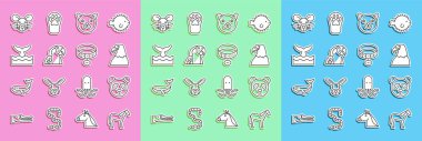 Set line Horse Cute panda face Eagle head Cat Macaw parrot Whale tail in ocean wave Rat and Collar with name tag icon. Vector.