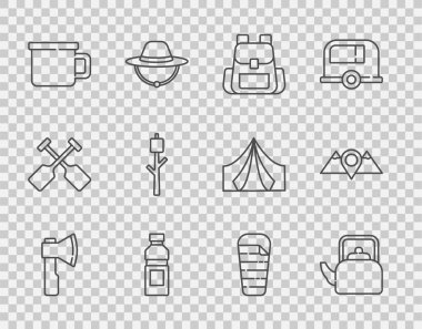 Set line Wooden axe Kettle with handle Hiking backpack Bottle of water Camping metal mug Marshmallow on stick Sleeping bag and Location mountains icon. Vector.